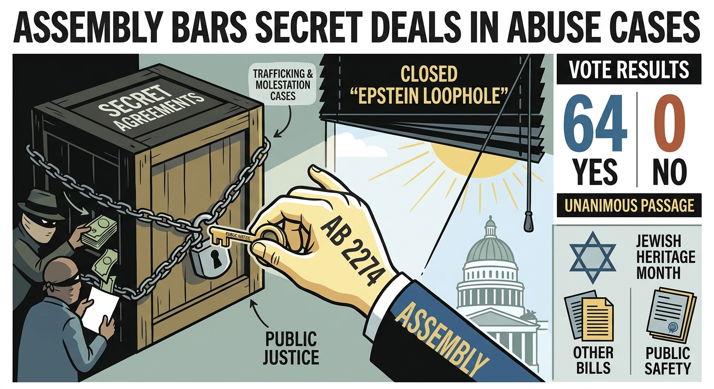 Assembly unanimously passes bill to bar secret agreements in trafficking and child molestation cases