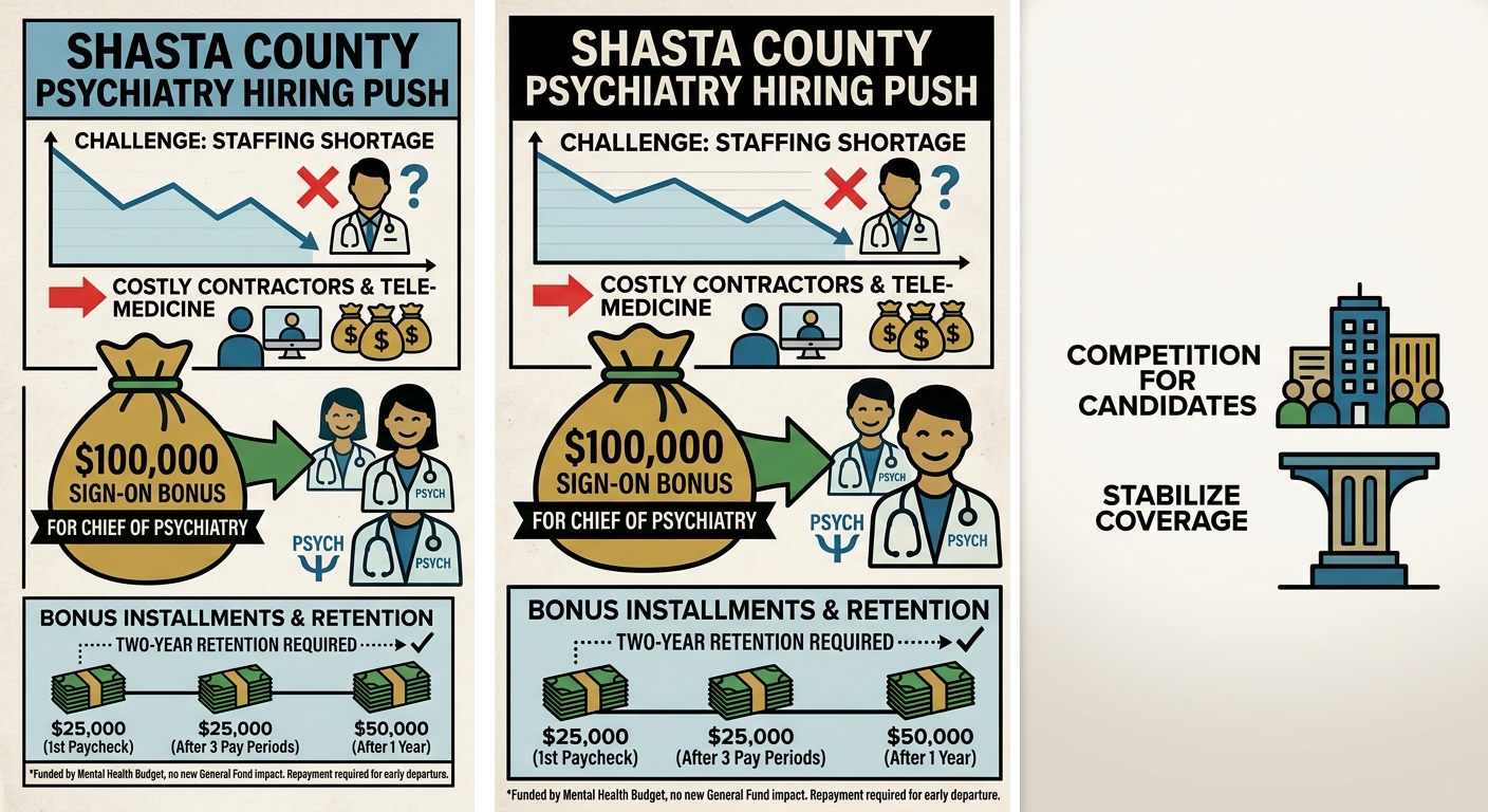 Shasta County raises psychiatry hiring bonus cap to $100,000 to aid recruitment