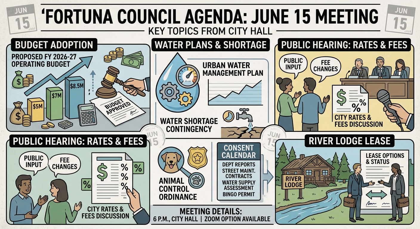 Fortuna council agenda packs budget, fee hearing, water plans and River Lodge lease discussion into June 15 meeting