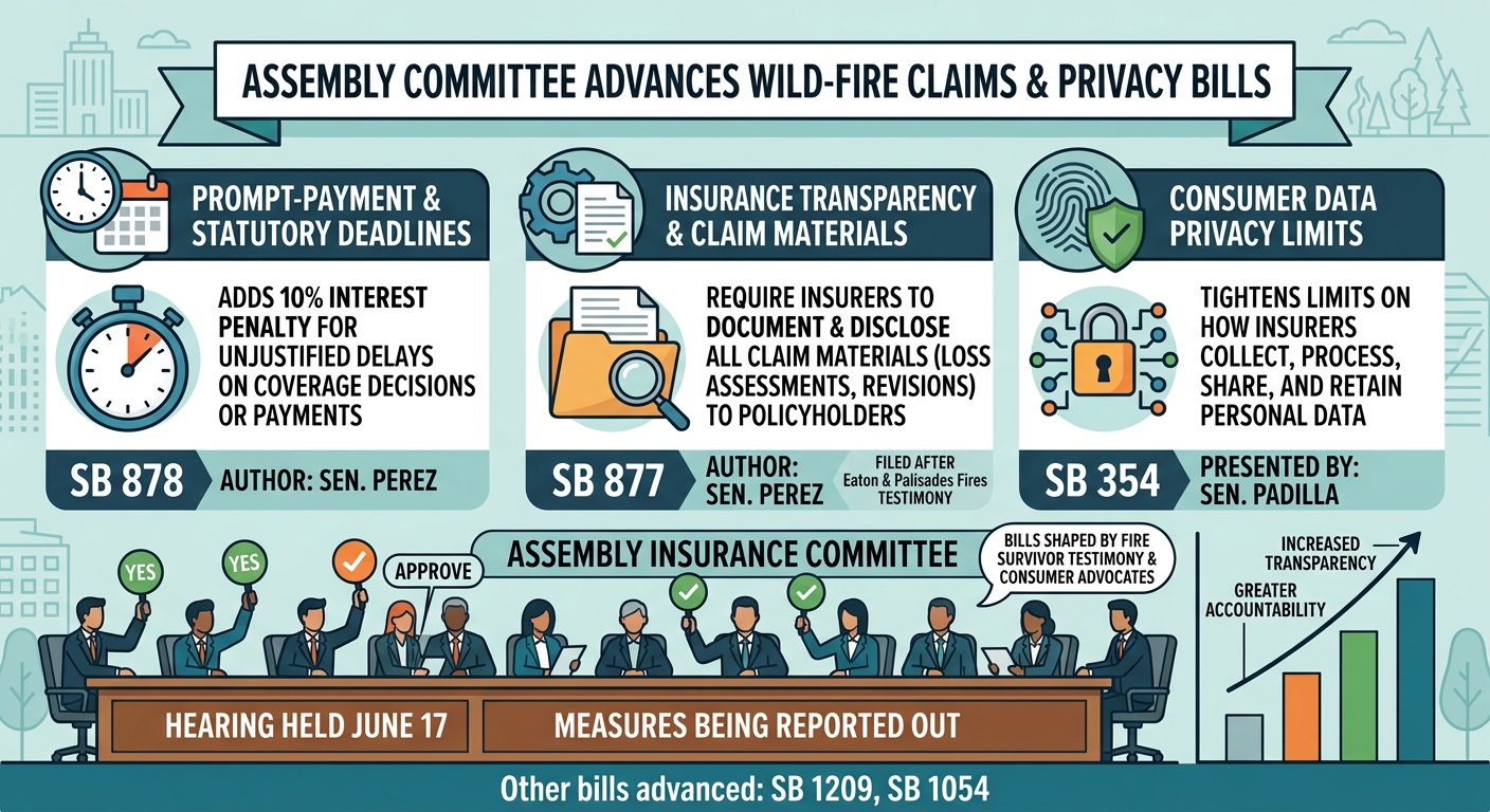 Assembly committee advances insurance transparency, prompt-payment and privacy bills after wildfire claims testimony