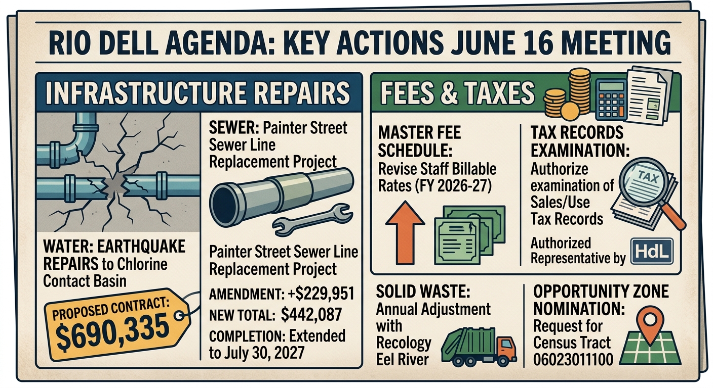 Rio Dell agenda lines up sewer, water, fee and tax actions for June 16 meeting