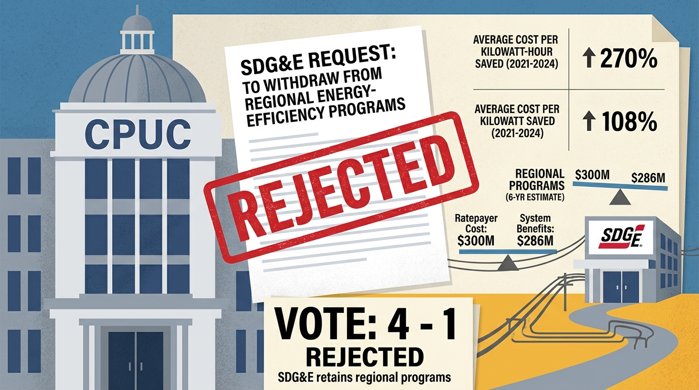 CPUC rejects SDG&E request to leave regional energy-efficiency programs