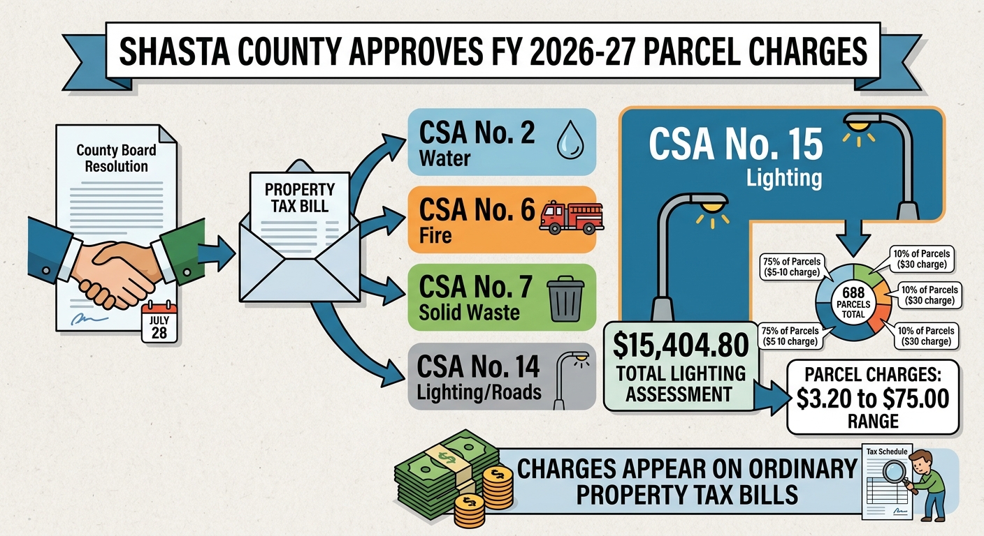 Shasta County locks in FY 2026-27 CSA parcel charges, including $15,404.80 lighting assessment