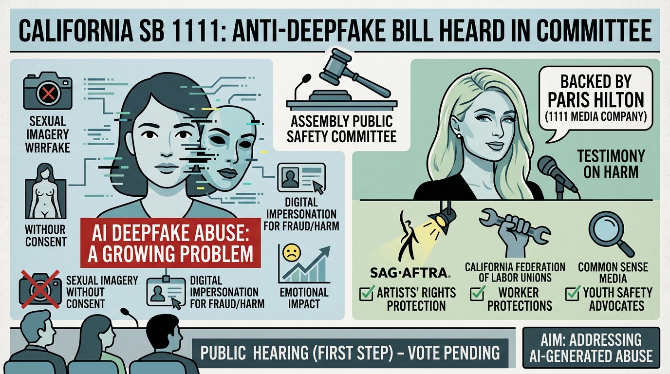 California committee hears AI deepfake abuse bill backed by Paris Hilton-linked company
