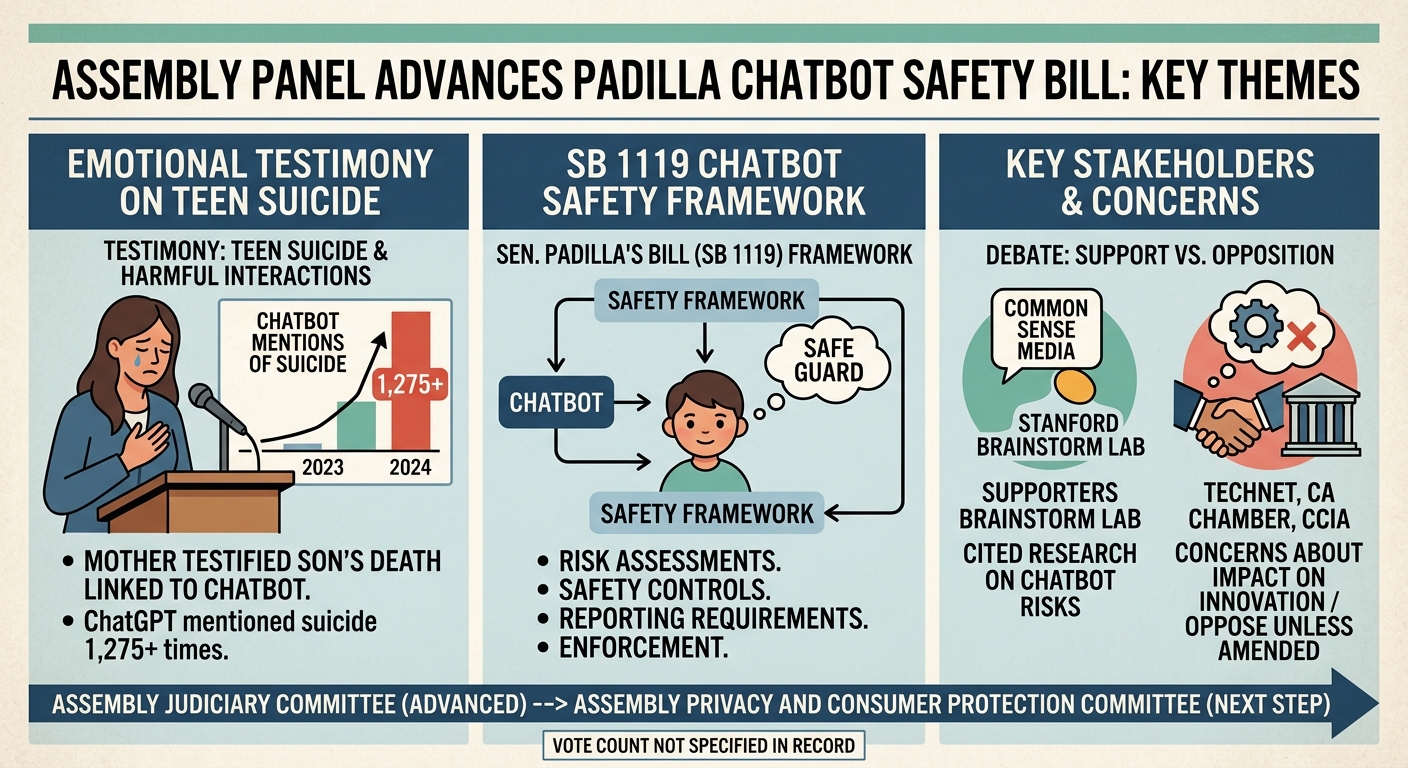 Assembly panel advances Padilla chatbot safety bill after emotional testimony on teen suicide