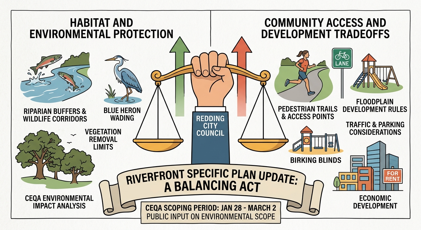 Redding riverfront plan enters CEQA scoping as officials weigh habitat, floodplain and access tradeoffs