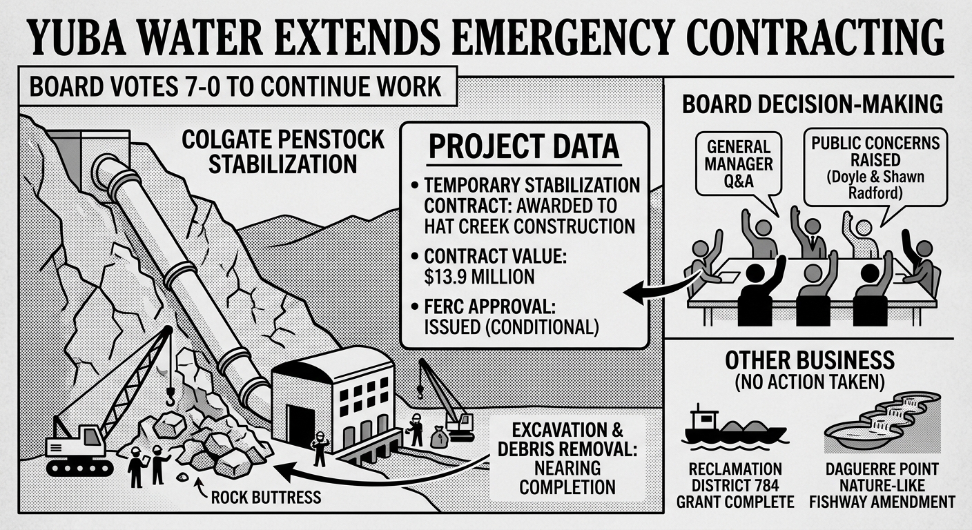 Yuba Water board extends emergency Colgate Penstock contracting as stabilization work nears completion