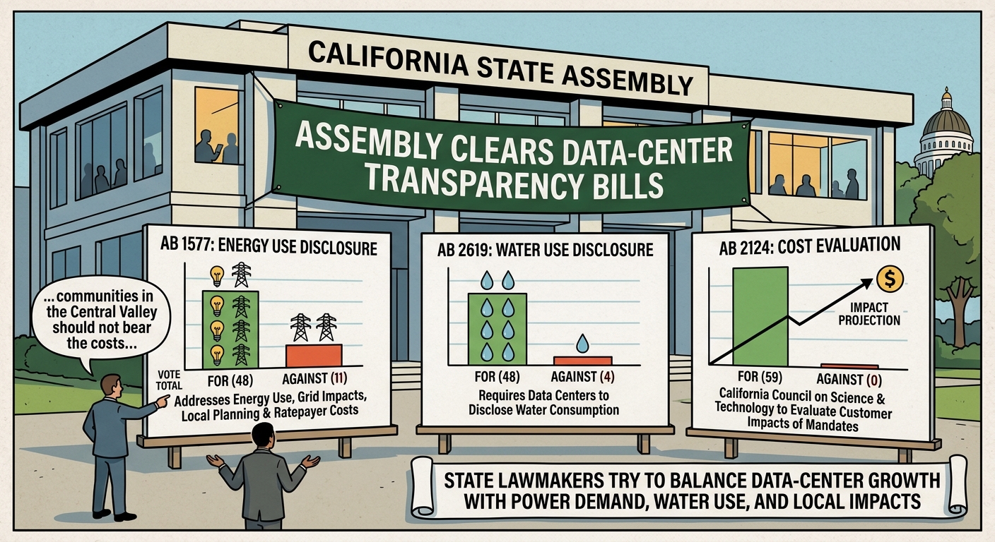 Assembly clears data-center transparency bills after split vote on energy disclosure measure