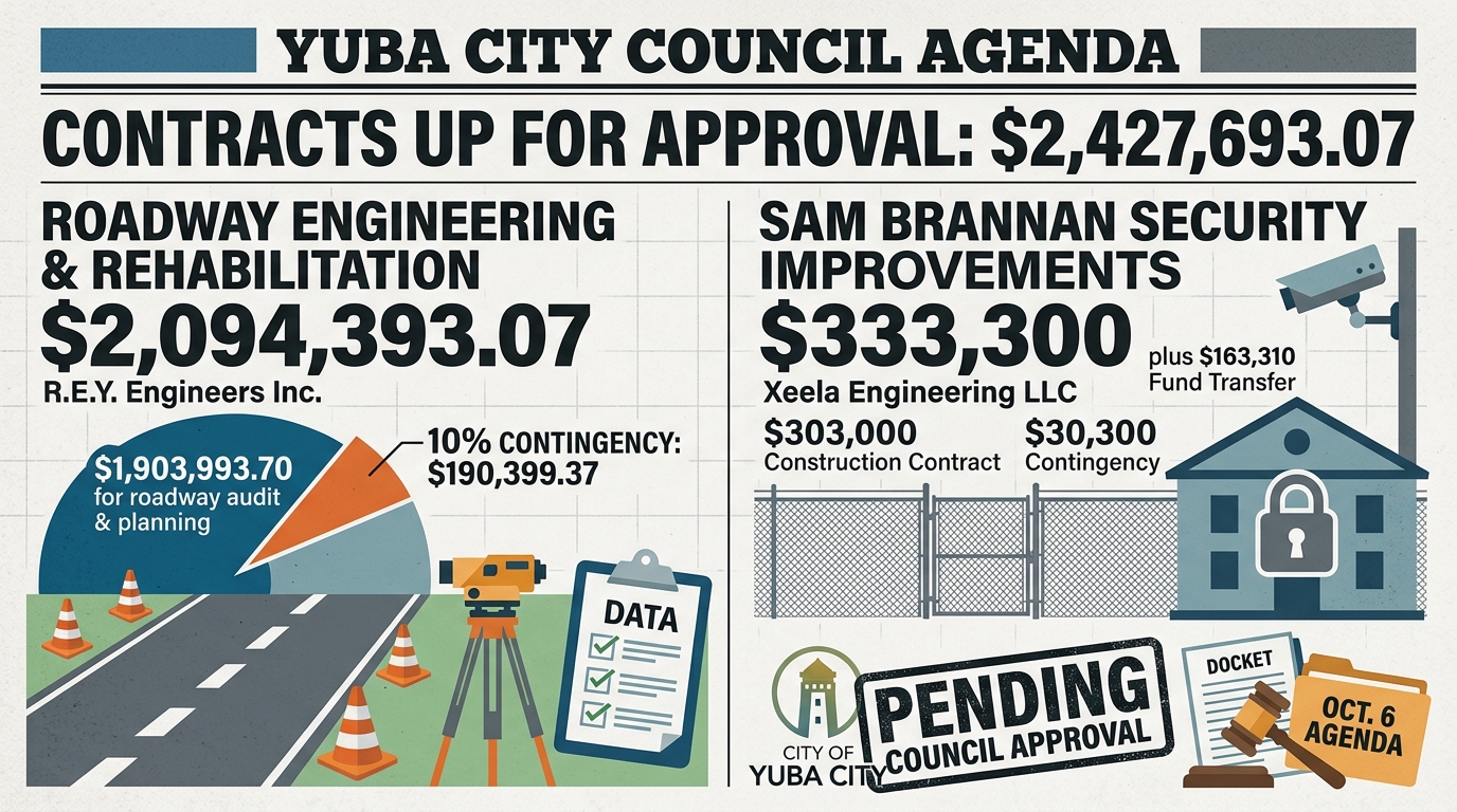 Yuba City agenda puts $2.4 million in roadway, Sam Brannan security contracts before council