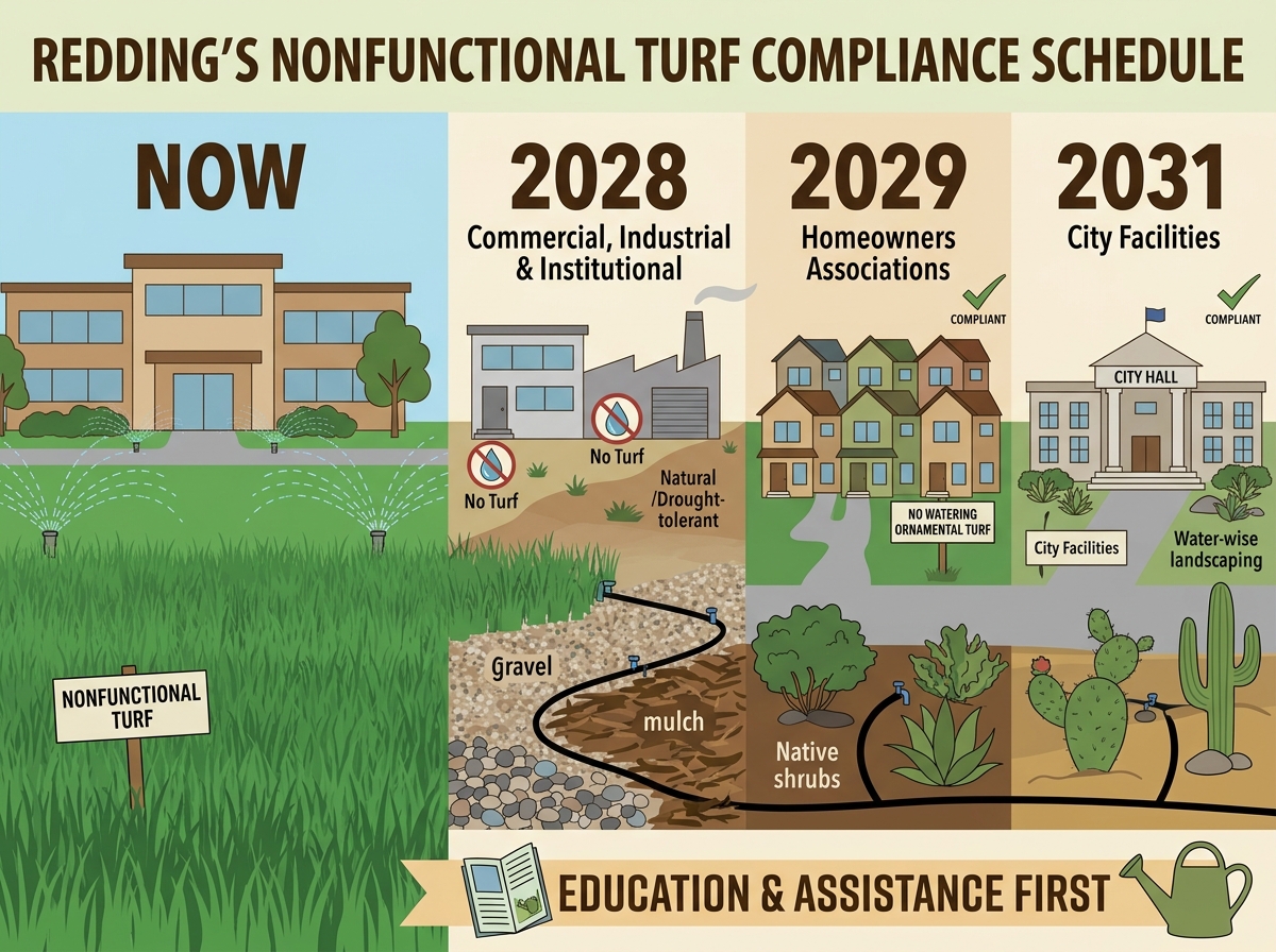Redding adopts local nonfunctional-turf rules with 2028-31 compliance schedule