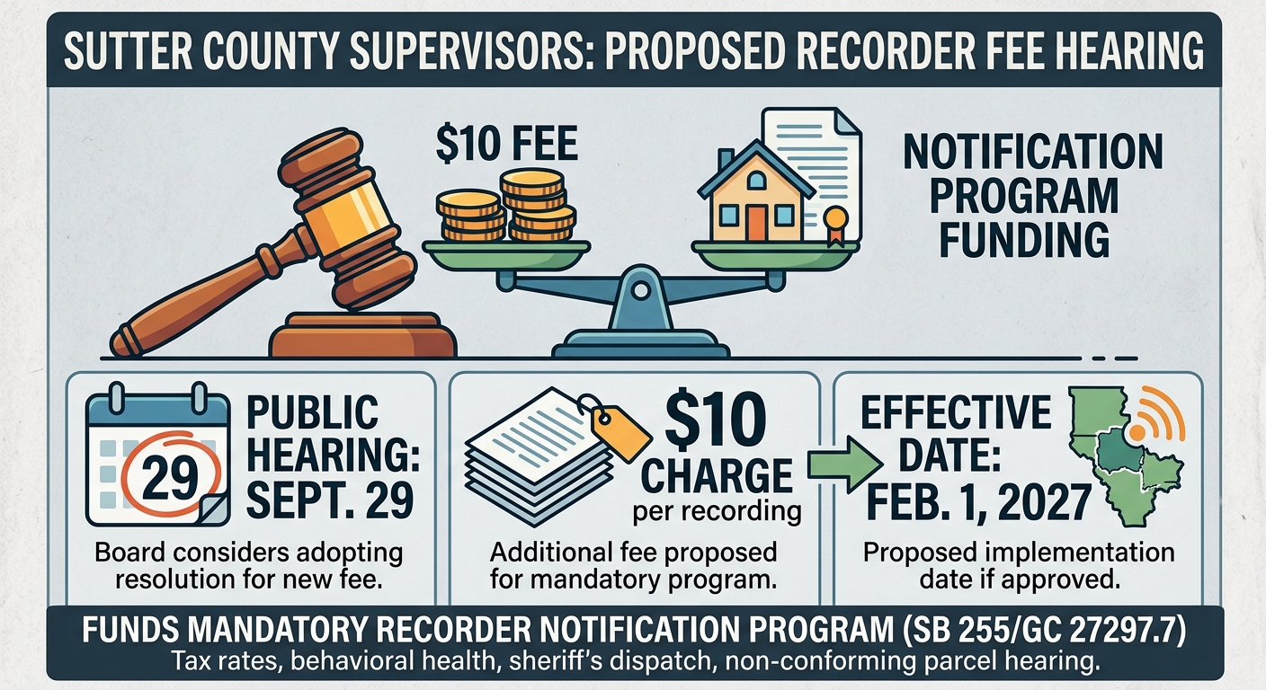 Sutter County supervisors set Sept. 29 hearing on new $10 recorder notification fee