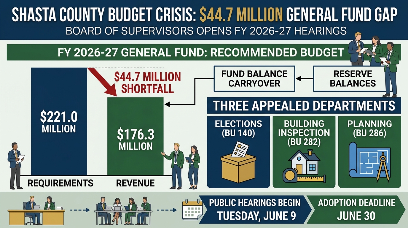 Shasta County opens budget hearings with $44.7 million general-fund gap and three appealed departments