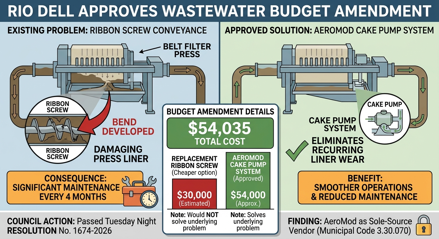 Rio Dell approves $54,035 wastewater budget amendment for AeroMod cake pump system