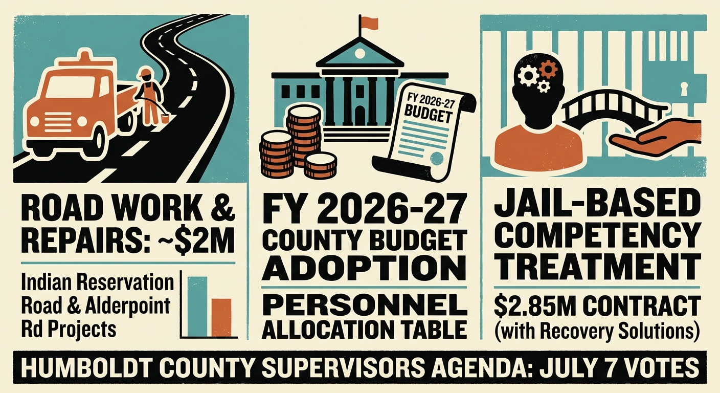 Humboldt supervisors to weigh $2M in road work, $2.85M jail treatment contract and budget adoption