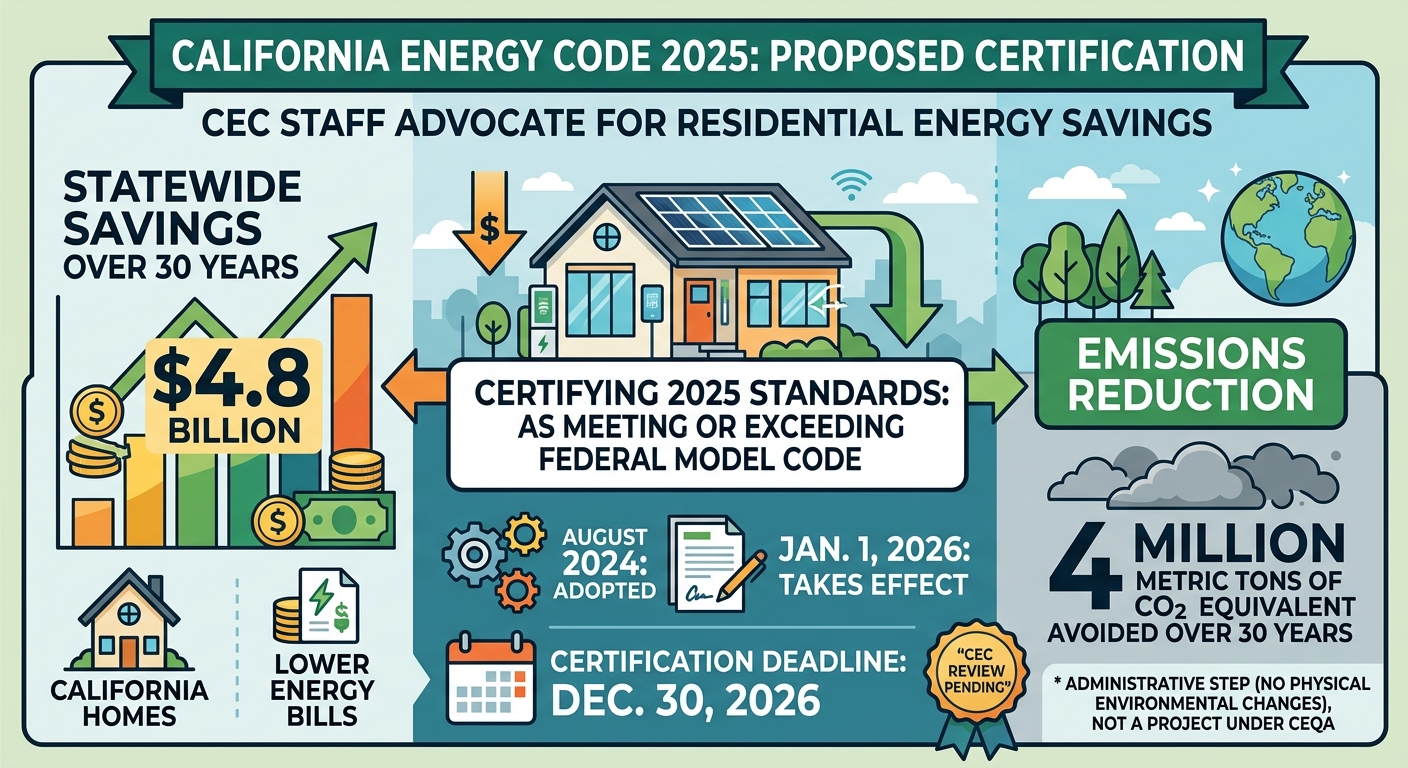 CEC staff seek certification for 2025 Energy Code as residential standards, citing $4.8 billion savings estimate