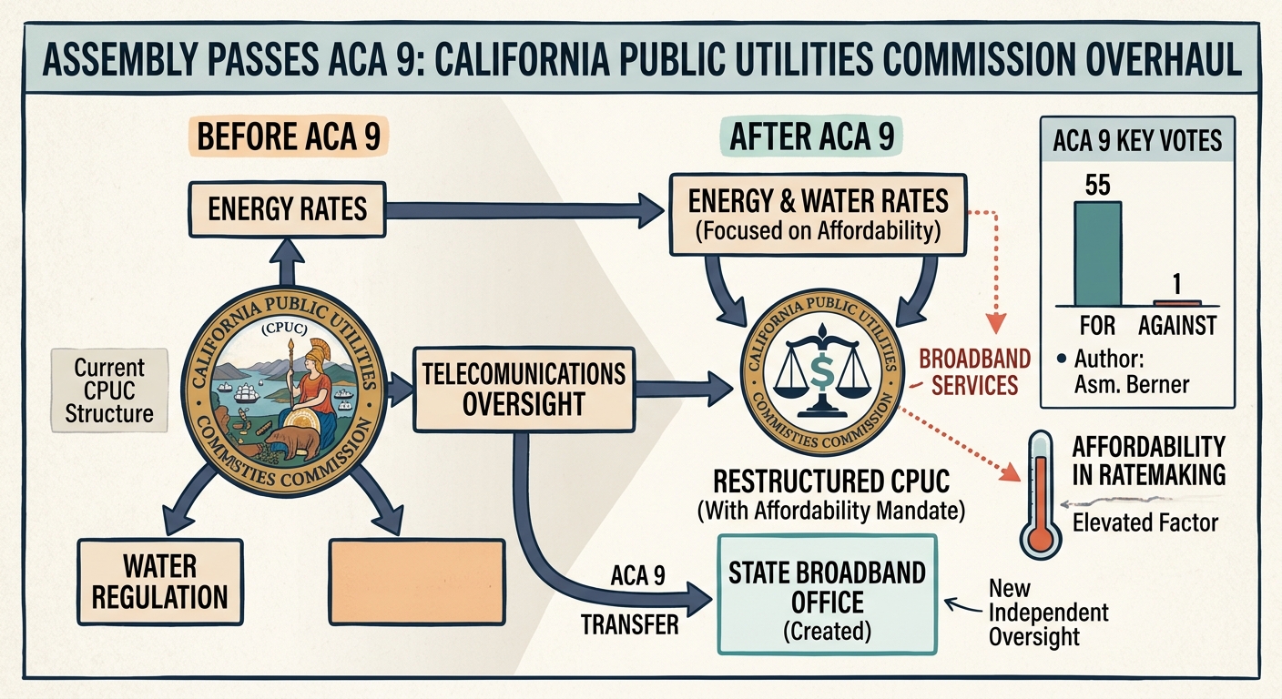 Assembly passes ACA 9 to reshape CPUC, add broadband office and elevate affordability in ratemaking