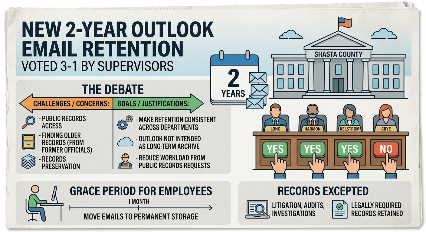 Shasta supervisors approve 2-year Outlook email retention after debate over records access
