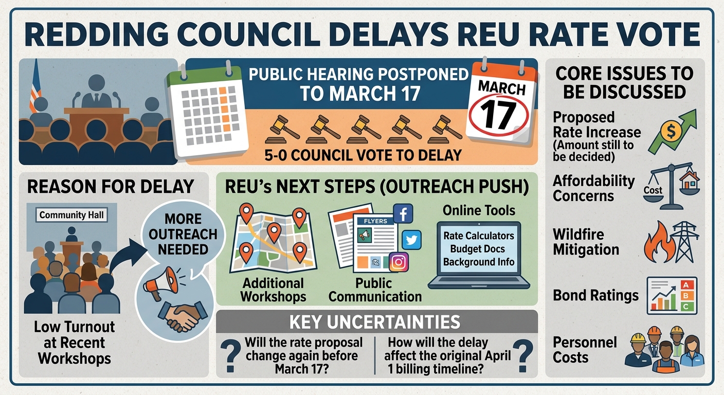 Redding council delays REU rate hearing to March 17 for more outreach