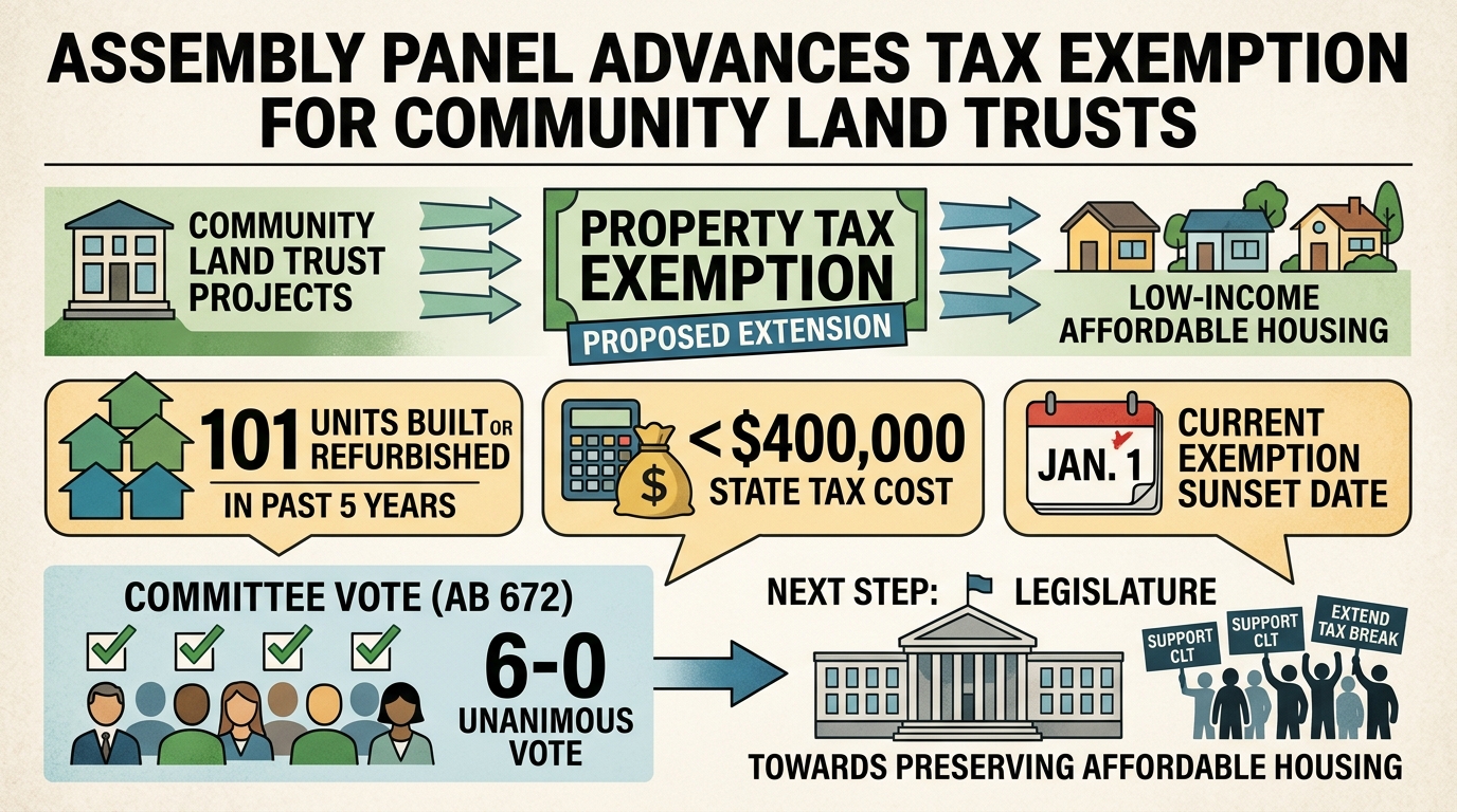 Assembly panel advances community land trust tax exemption extension after supporters cite 101 affordable units