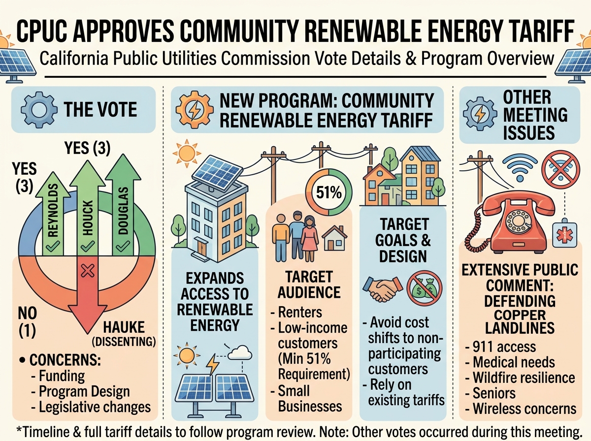 CPUC approves community renewable energy tariff in 3-1 vote, with Hauke dissenting