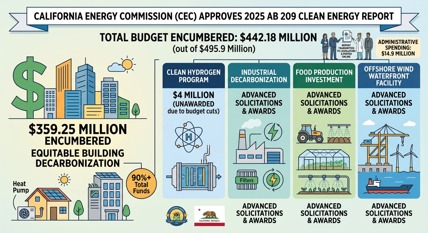 CEC approves 2025 AB 209 clean energy report, showing $442 million encumbered across five programs