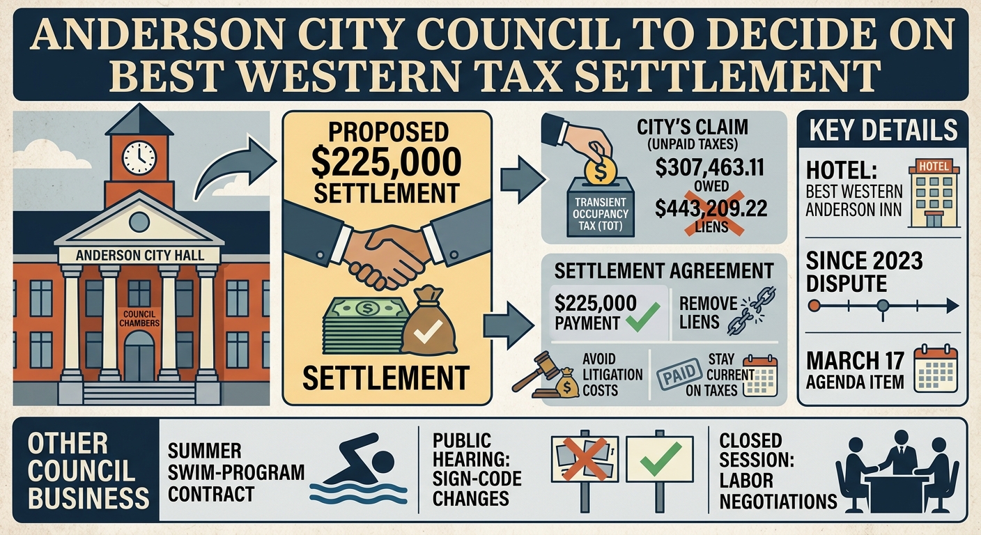 Anderson council poised to settle Best Western hotel tax dispute for $225,000