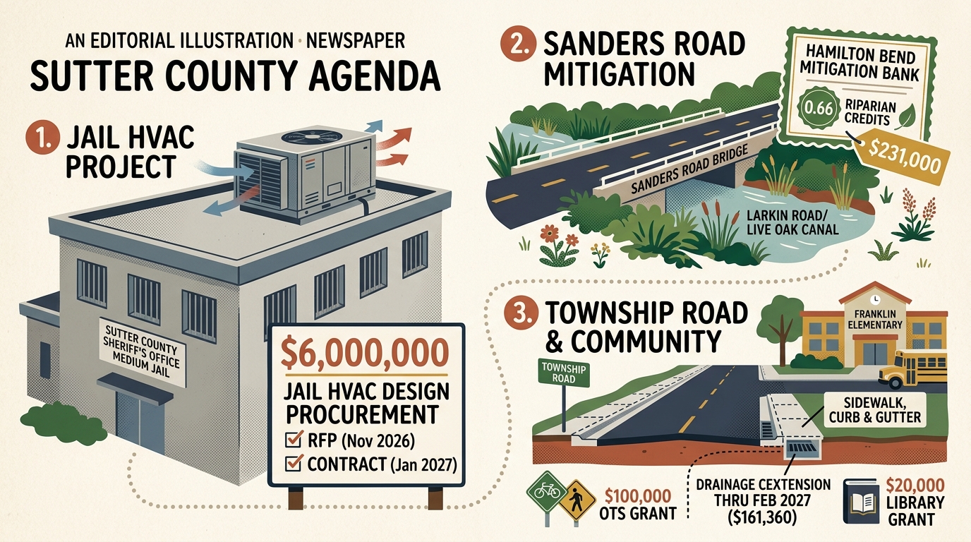 Sutter County agenda outlines $6 million jail HVAC design procurement, Sanders Road mitigation costs