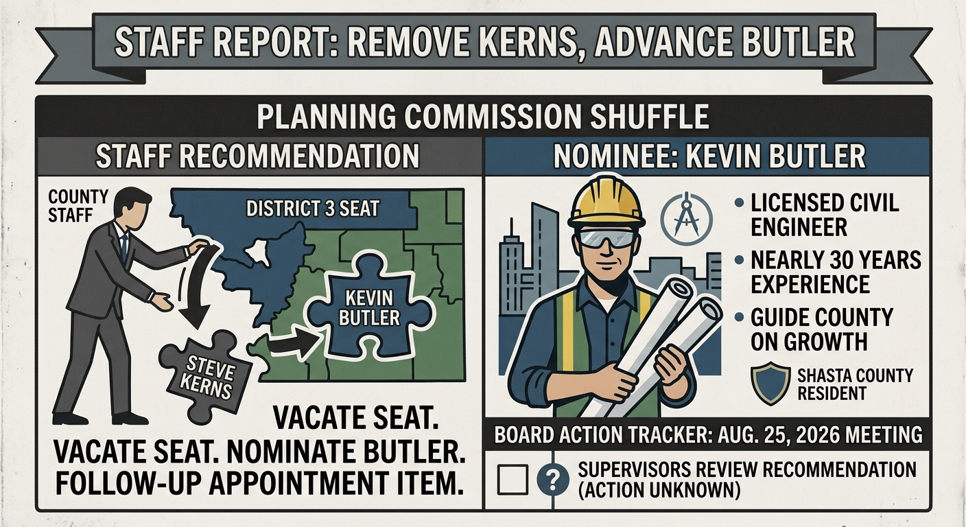 Shasta County staff recommend removing Kerns from Planning Commission seat, advancing Butler nomination