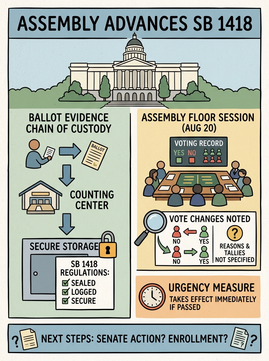 Assembly advances SB 1418 on ballot evidence chain of custody, with vote changes noted