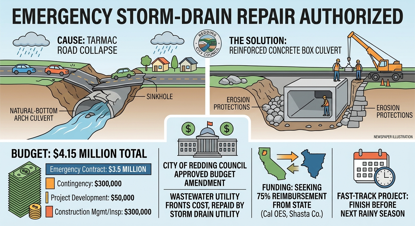 Redding council authorizes $4.15 million emergency storm-drain repair after Tarmac Road collapse