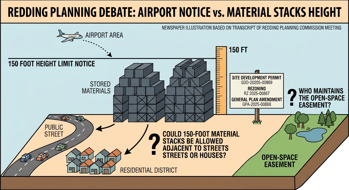 Redding planners debate whether airport height notice could be read to allow 150-foot material stacks