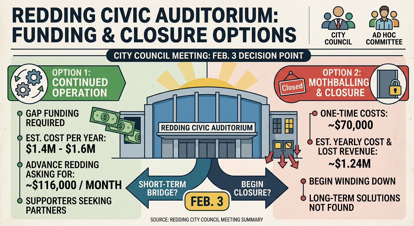 Redding council asks for Feb. 3 options on civic auditorium funding, closure