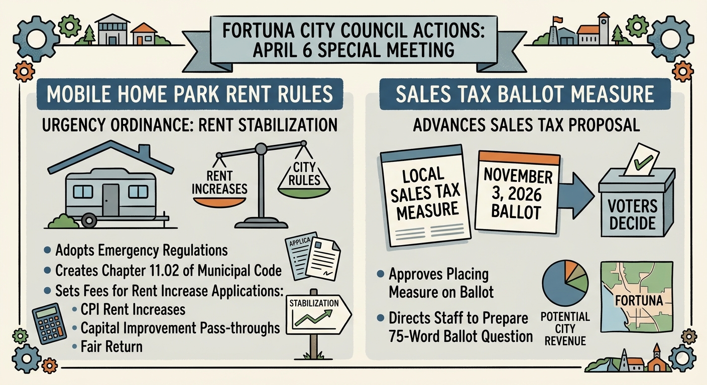 Fortuna adopts mobile home park rent rules, advances sales tax ballot measure