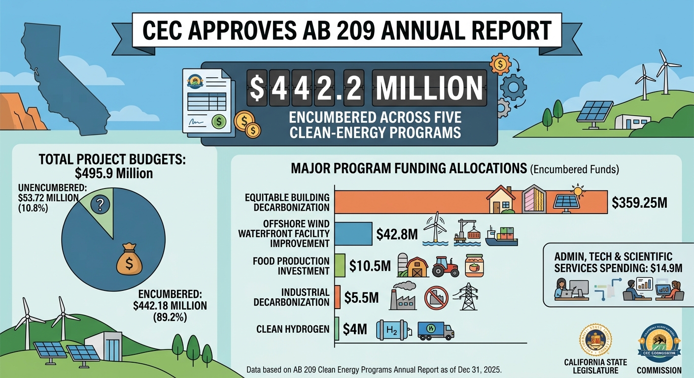 CEC approves AB 209 annual report showing $442.2 million encumbered across five clean-energy programs
