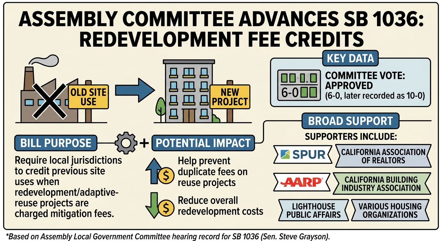 Assembly committee advances SB 1036 on redevelopment fee credits