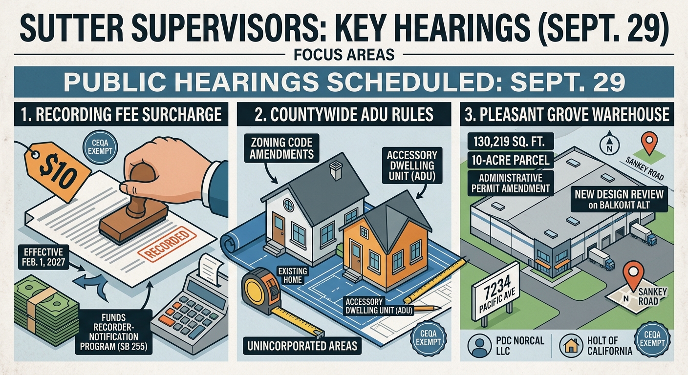 Sutter supervisors schedule hearings on recording fee, ADU rules and Pleasant Grove warehouse