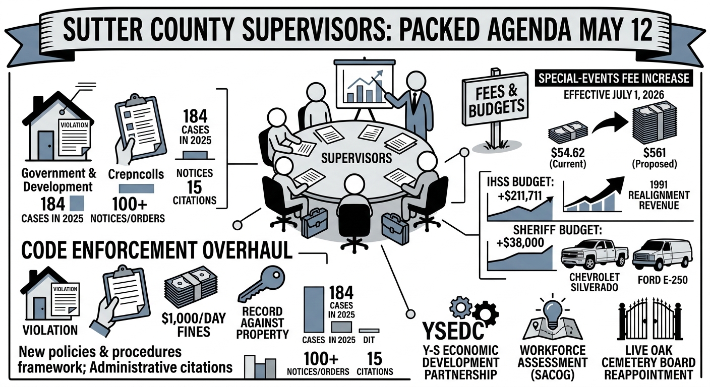 Sutter County supervisors set packed May 12 agenda on code enforcement, fees and budgets