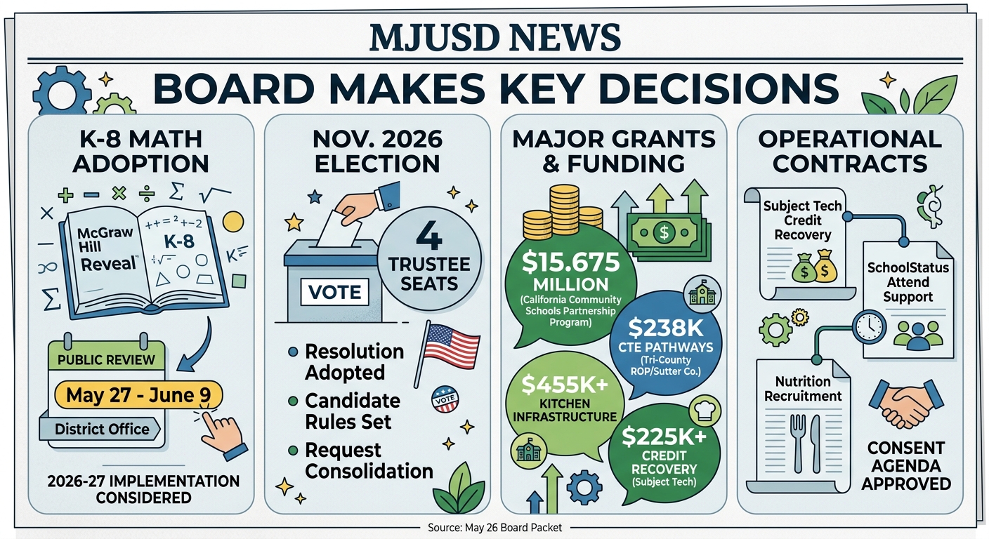 Marysville Joint USD advances math adoption, election resolution and major contracts in May 26 packet