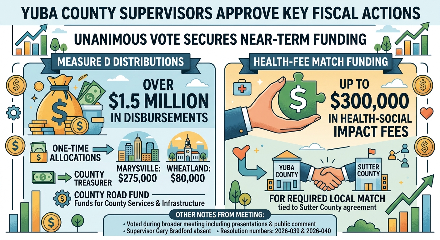 Yuba supervisors open door to $300,000 health-fee match funding, nearly $1.5 million in Measure D distributions
