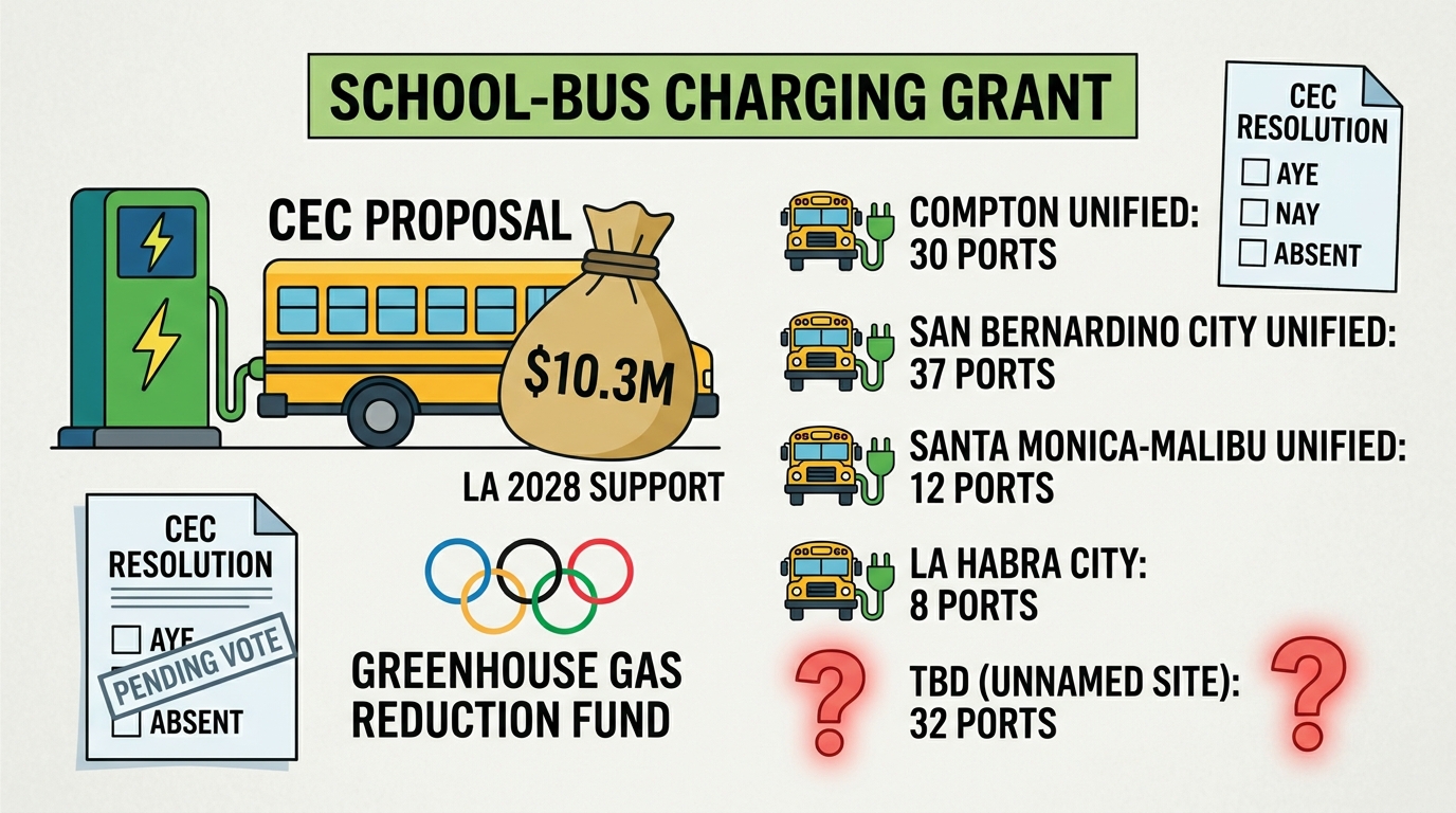 CEC packet proposes $10.3 million for school-bus charging, leaves 32-port site unnamed