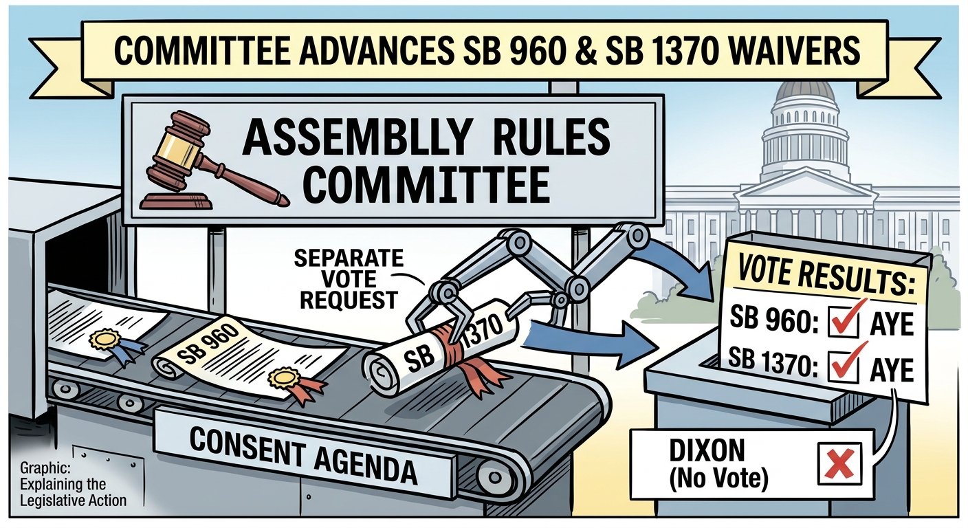 Assembly Rules Committee advances SB 960 and SB 1370 waivers after pulling them from consent