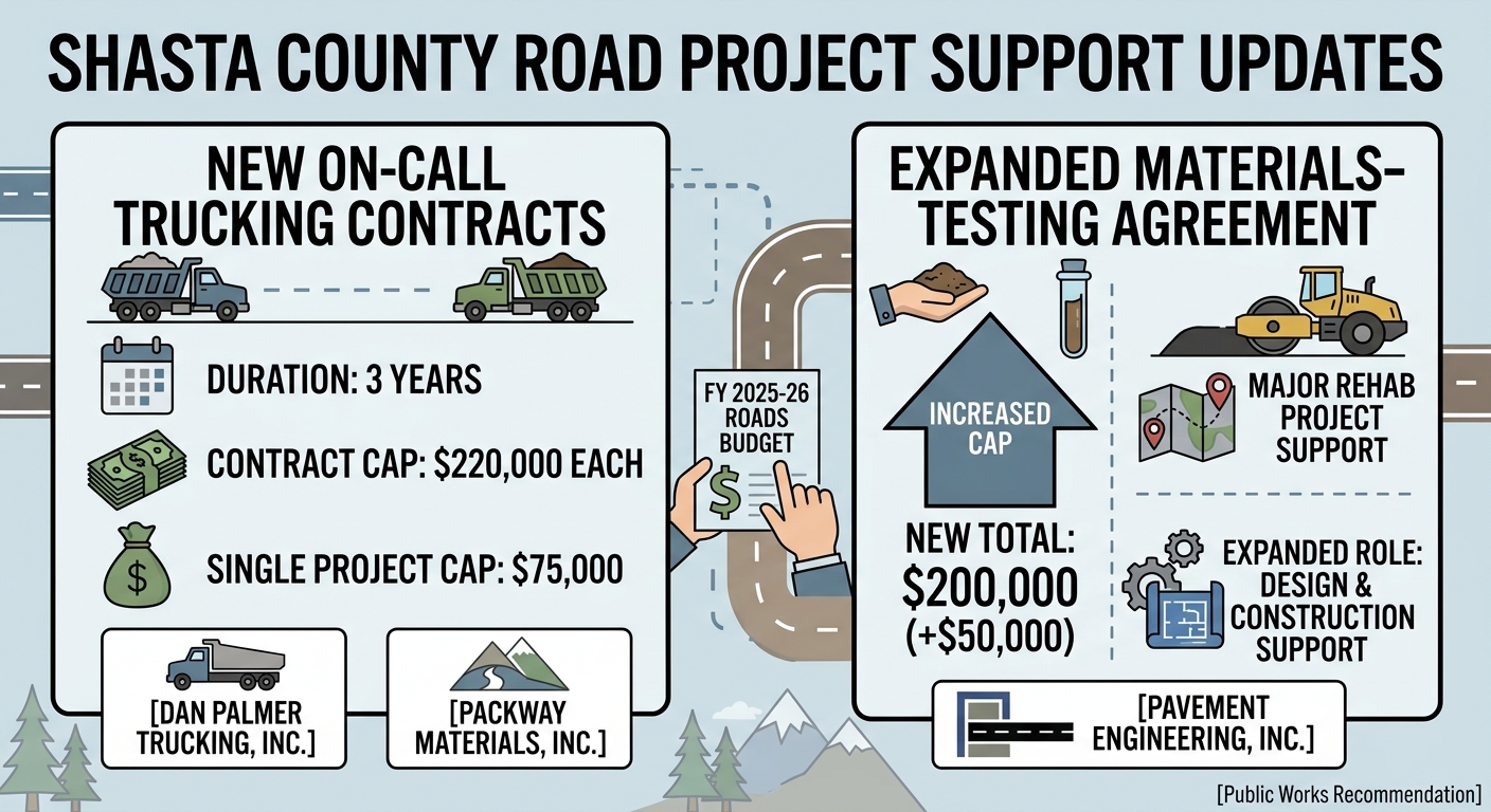 Shasta County advances new trucking contracts and higher-cap testing work for road projects