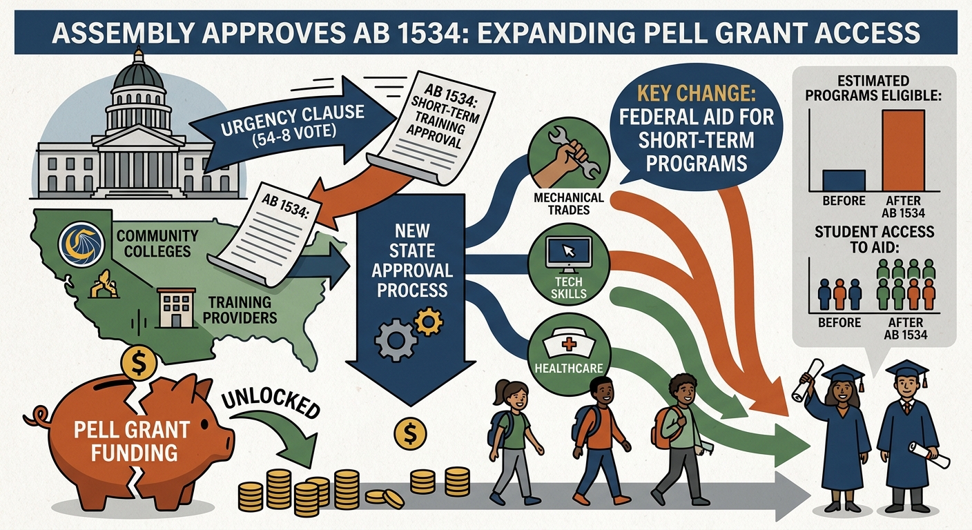 Assembly approves AB 1534 with urgency, advancing Pell Grant access for short-term training