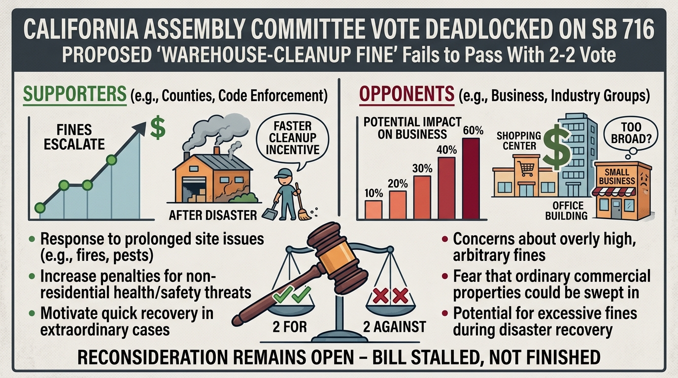 SB 716 stalls on tied committee vote after warehouse-cleanup fine fight