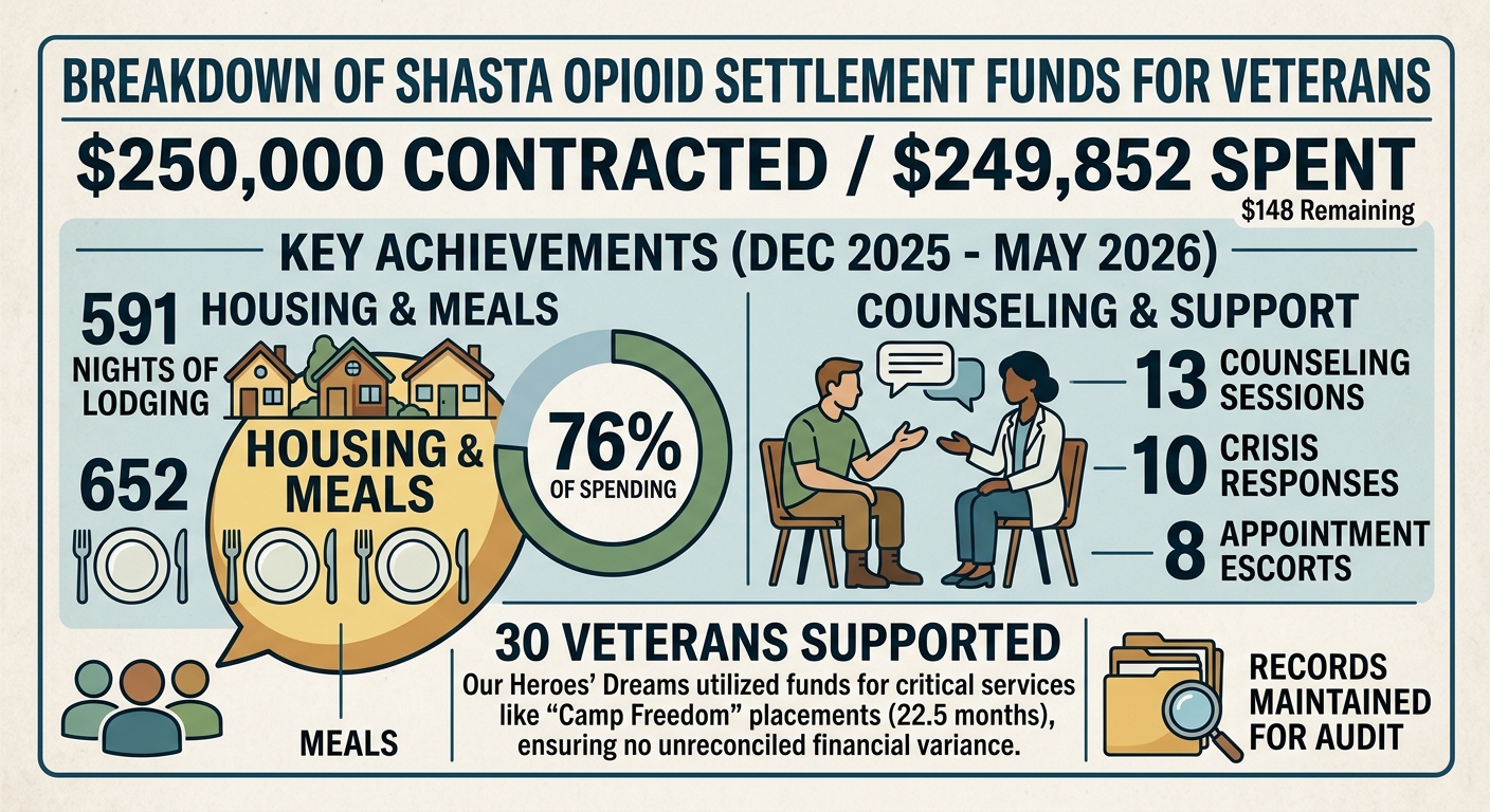 Shasta opioid settlement contractor says nearly all $250,000 spent on veterans’ housing, meals and counseling