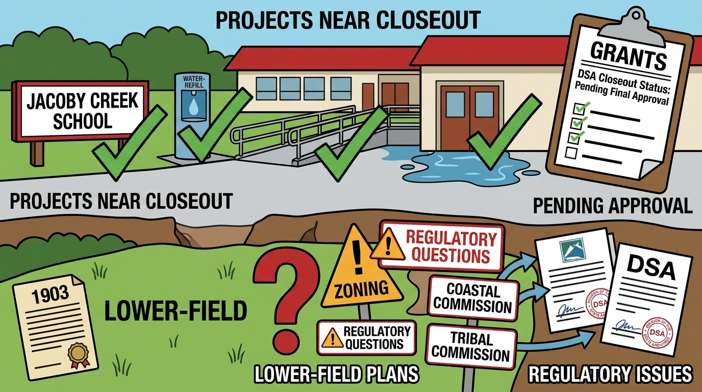 Jacoby Creek school projects near closeout as lower-field plans face regulatory questions