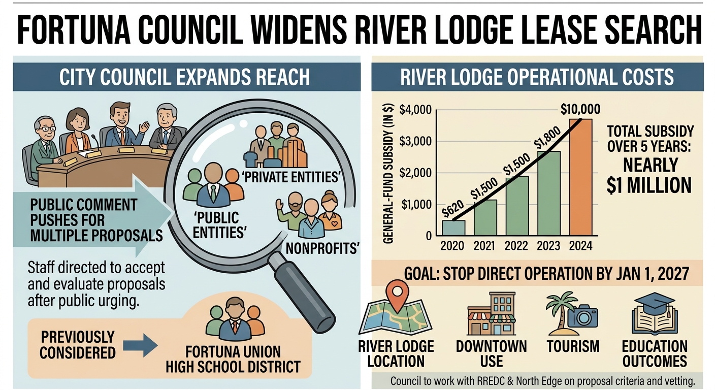 Fortuna council widens River Lodge lease search beyond school district after public push for multiple proposals