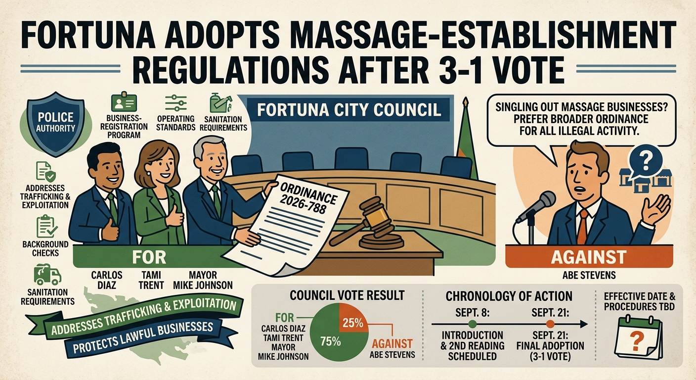 Fortuna adopts massage-establishment regulations after 3-1 council vote
