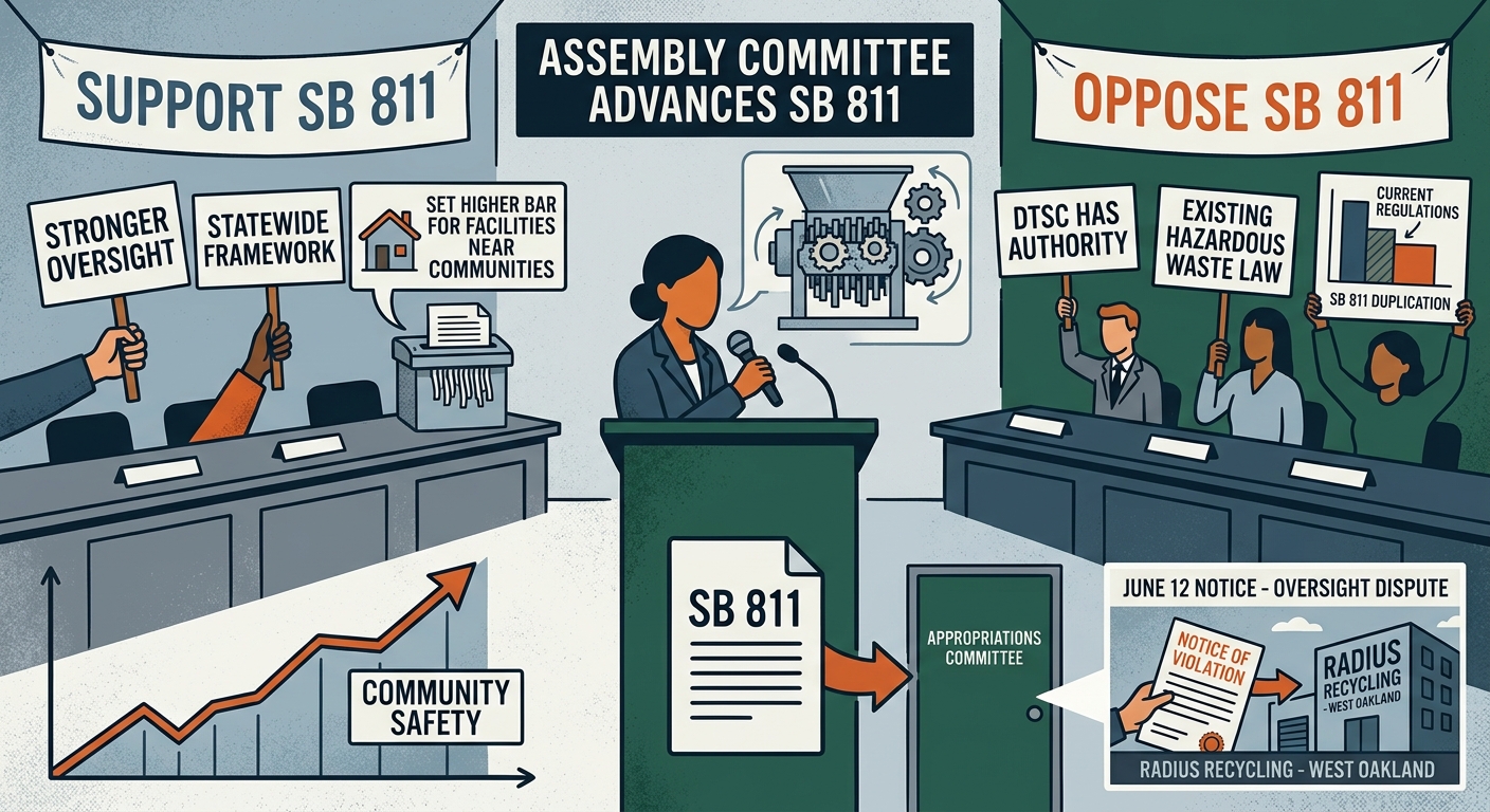 Assembly committee advances SB 811 after dispute over shredder regulation and West Oakland violation notice