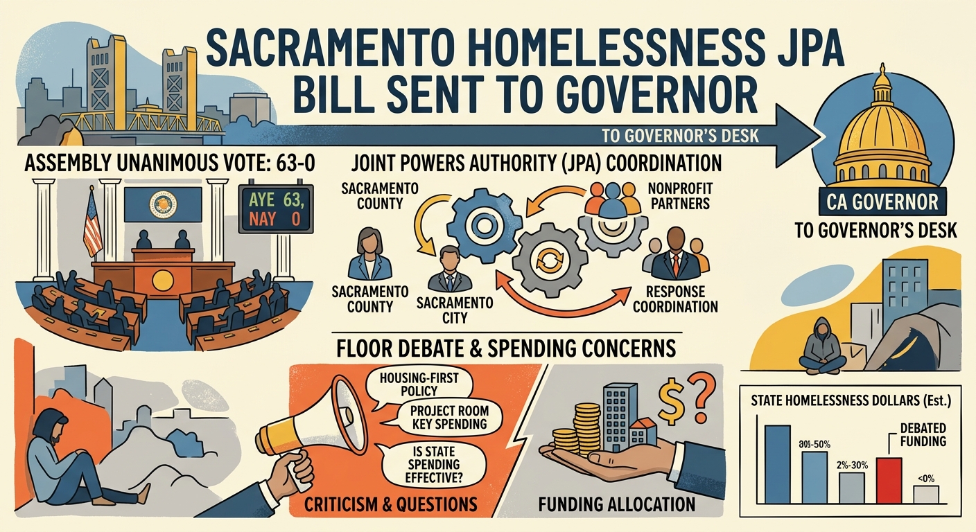 Assembly sends Sacramento homelessness JPA bill to governor on unanimous vote after floor debate over spending and strategy